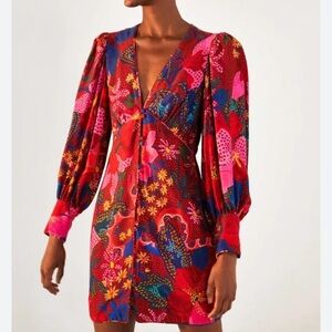 Farm Rio Snake Garden Red Mini Dress. Small. Bold Whimsy Colorful Capricious